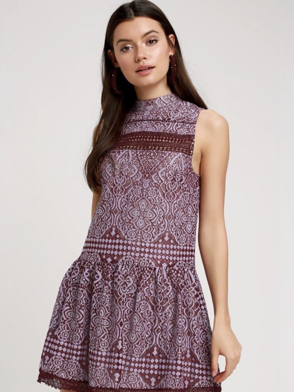 Lulus Belrose Burgundy and Lavender Lace Mini Dress NWT - Picture 2 of 8
